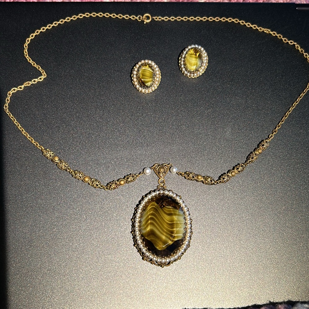 West Germany chain pendant and clip on earrings original  set vintage filagree
